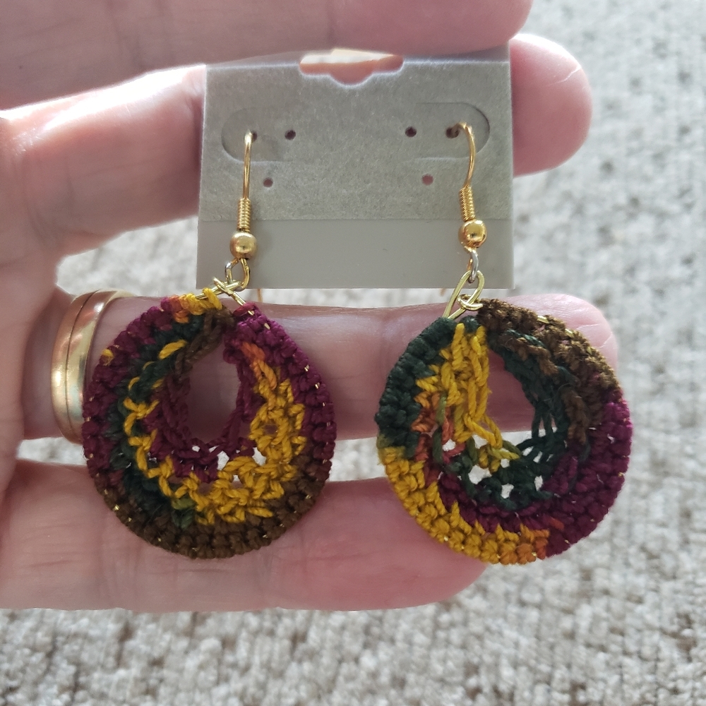 Earrings-Hand crocheted by me. Autumn colors, set in gold ear wires.